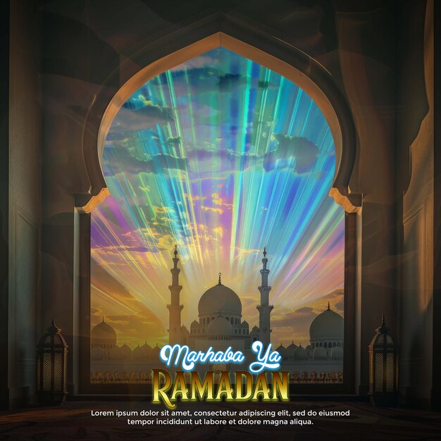 PSD ramadan kareem con ventana de la mezquita islámica con linterna