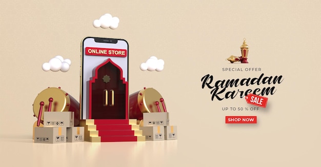 Ramadan kareem verkauf banner vorlage mit 3d online-shopping auf mobilen anwendungen