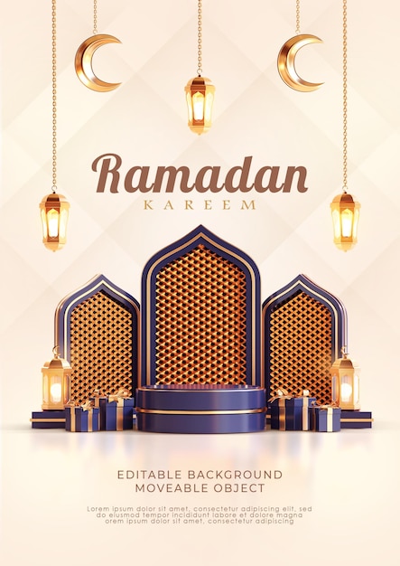 PSD ramadan kareem voeux flyer affiche 3d podium islamique arabe lanterne croissant de lune bleu marine