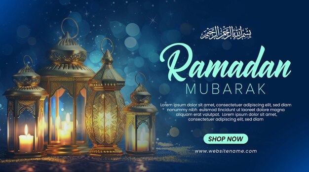 Ramadan mubarak banner vorlage mit laterne und bokeh dunkelblauen hintergrund