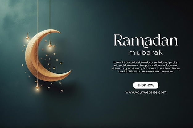 PSD ramadan mubarak modelo de design de banner de mídia social com crescente e lanternas islâmicas