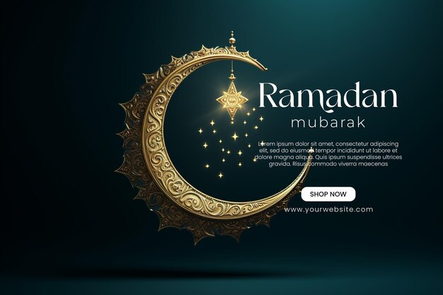 PSD ramadan mubarak modelo de design de banner de mídia social com crescente e lanternas islâmicas