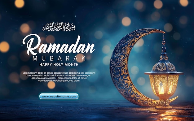 Ramadan mubarak vorlage mit halbmond blau mond mit realistischer ramadan lampe oder laterne