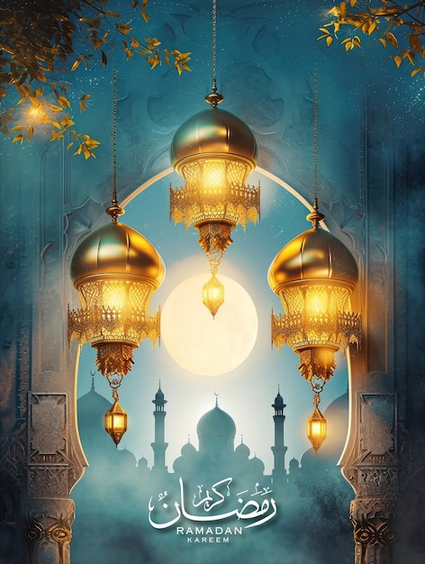 PSD ramadan-postervorlage und social-media-post mit realistischem moschee- und laternen-hintergrund.