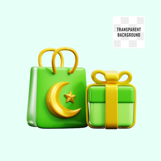 PSD ramadán súper venta tienda en línea promoción de marketing bolsa de compras con luna creciente símbolo islámico y caja de regalo presente icono 3d ilustración diseño de renderización