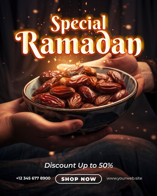 PSD ramadan-verkaufsplakatvorlage mit den händen einer person, die zu einer schüssel voller datteln greifen