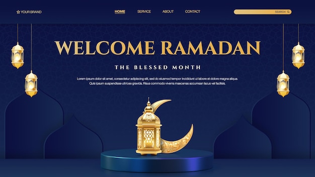 Ramadan-Vorlage für eine Landungsseite mit Podiumsdisplay in Gold und Blau