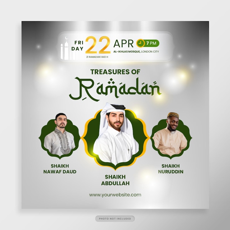 PSD ramadan webinar social media post template in green and yellow gold theme for holy ramadan celebration event for poster banner islamic webinar muslim education