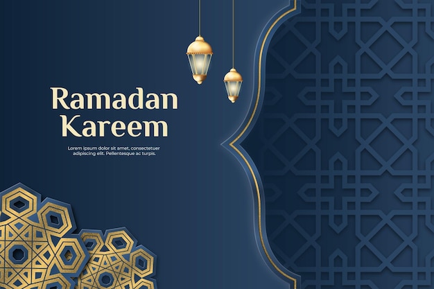 Ramadano Kareem Eid Mubarak sullo sfondo con lanterna d'oro e ornamenti arabi