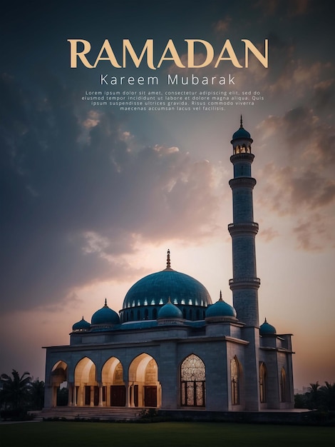 Ramadhan-poster mit einem wunderschönen moschee-hintergrund mit einem schönen nachthimmel mit schwingenden sternen