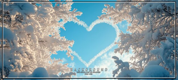 Las ramas cubiertas de nieve enmarcan una formación de nubes en forma de corazón en un cielo azul brillante