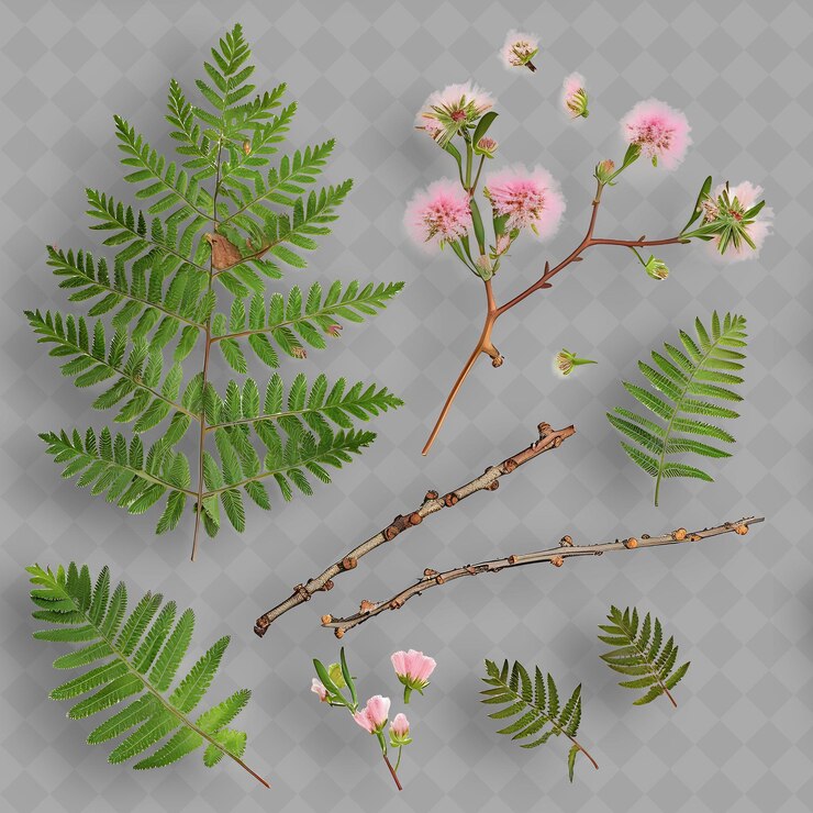 PSD ramas de mimosa con hojas parecidas a helechos y pom pom flowe rosa objeto superior aislado de una planta tropical