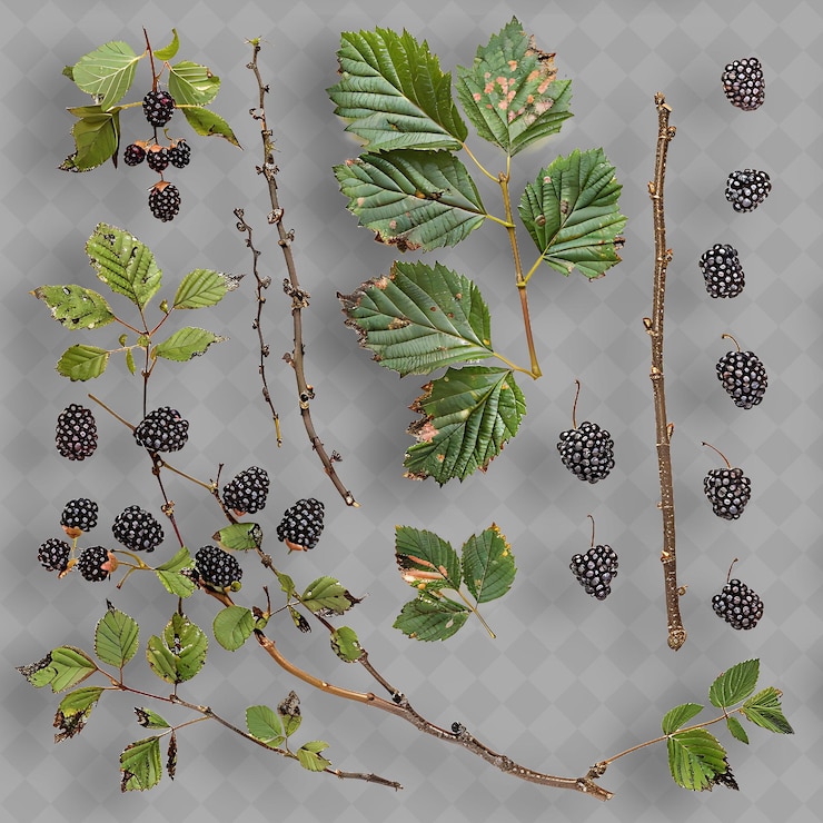PSD ramas de moras con cañas arqueadas hojas compuestas y c objeto superior aislado de una planta tropical