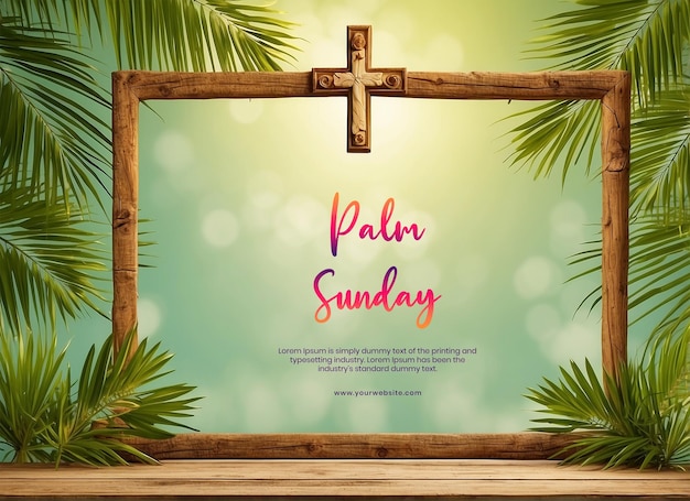 Ramas de palma con cruz cristiana de madera decorada fuera de un gran marco decorado en verde