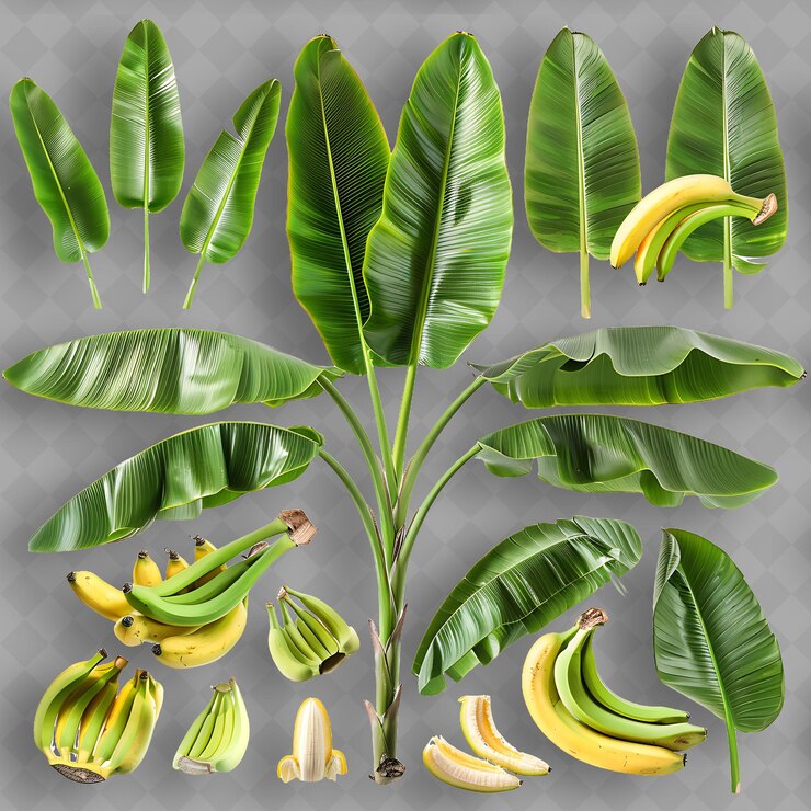 PSD ramas de plátano con grandes paletas como hojas y racimos o objeto superior aislado de una planta tropical