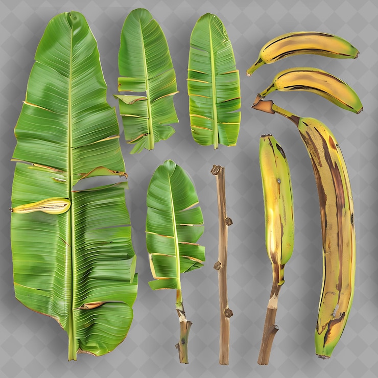 PSD ramas de plátano con grandes paletas como hojas y racimos o objeto superior aislado de una planta tropical