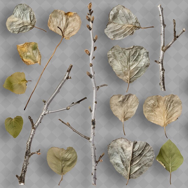 PSD ramas de tilo con corteza gris lisa y hojas en forma de corazón objeto superior aislado de una planta tropical