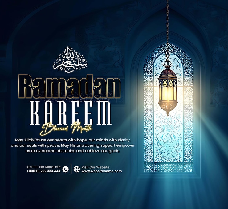PSD ramdan kareem social media with intriguing islamicstyle room with illuminated window lantern
