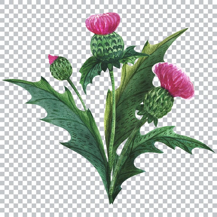 PSD ramo de cardo. viñeta de acuarela de planta escocesa simbólica tradicional. colores verde y magenta, decoraciones para saludos y tarjetas.