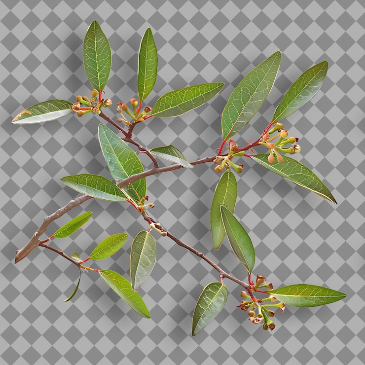 PSD ramo de madrone folhas brilhantes e de forma oval que estão dispostas ramo de árvore isolado em bg limpo