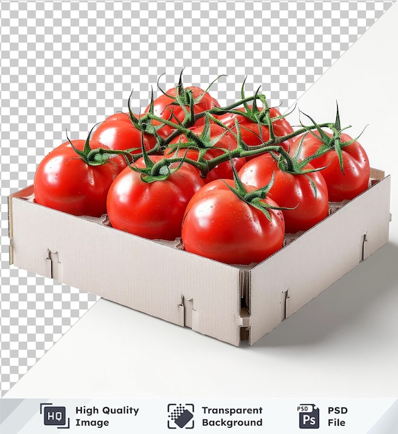 PSD ramo de tomate em maquete de caixa reciclável de fundo transparente com isolamento