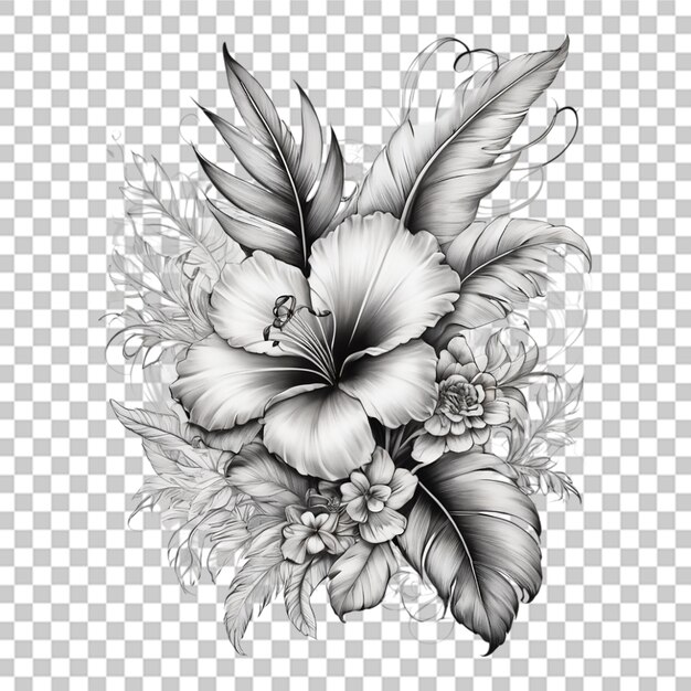 PSD ramo de diferentes flores de contorno arte de línea de tatuaje fondo transparente