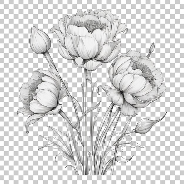 Ramo de diferentes flores de contorno arte de línea de tatuaje en fondo transparente