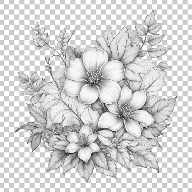 PSD ramo de diferentes flores de contorno arte de línea de tatuaje en fondo transparente