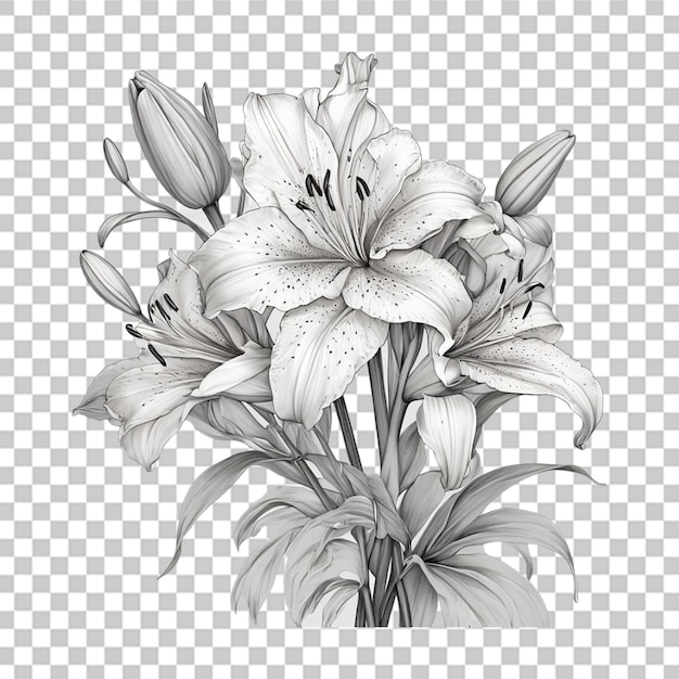 PSD ramo de diferentes flores de contorno arte de línea de tatuaje en fondo transparente