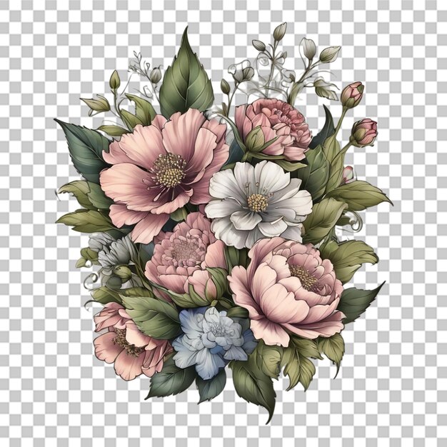 PSD ramo de diferentes flores de contorno arte de línea de tatuaje en fondo transparente