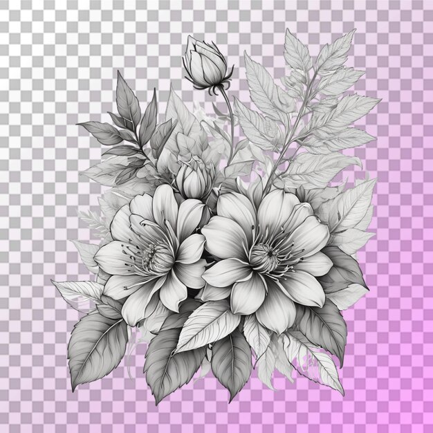 PSD ramo de diferentes flores tatuaje de línea de arte de fondo transparente