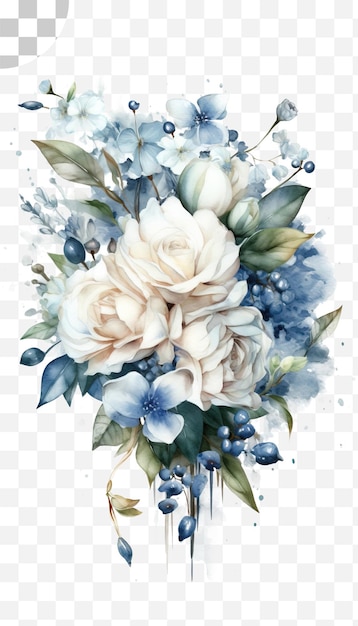 Un ramo de flores con bayas azules y flores blancas.