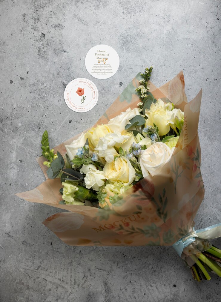 PSD ramo de flores con empaque de cono de papel