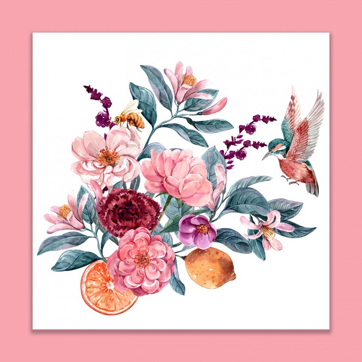 PSD un ramo de flores y pájaros.