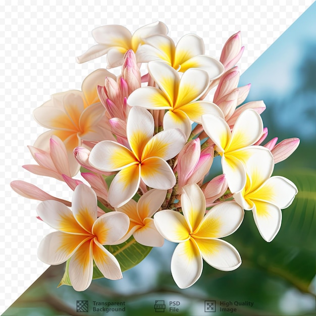 PSD el ramo de flores de plumeria florece maravillosamente en la rama de un árbol