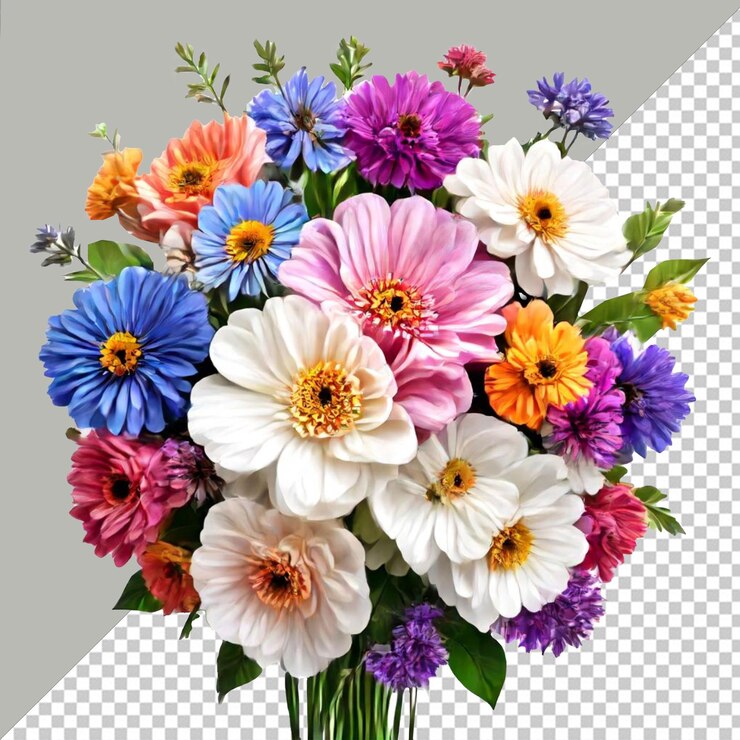 Ramo de flores PSD en un jarrón en una superficie a cuadros con fondo transparente