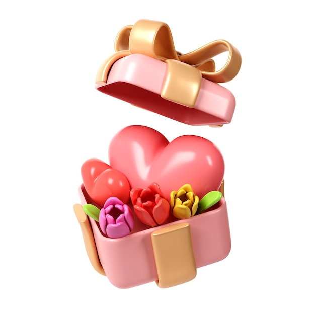 Ramo de flores de tulipán 3d con corazones en caja de regalo rosa en estilo de dibujos animados para decoración Amor San Valentín