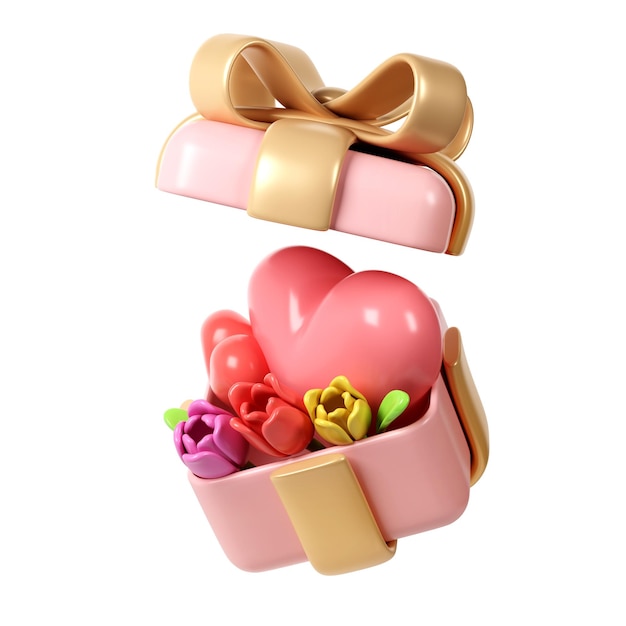Ramo de flores de tulipán 3d con corazones en caja de regalo rosa en estilo de dibujos animados para decoración de amor