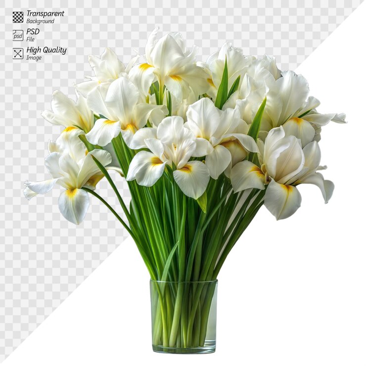 PSD un ramo fresco de iris blancos en un jarrón transparente