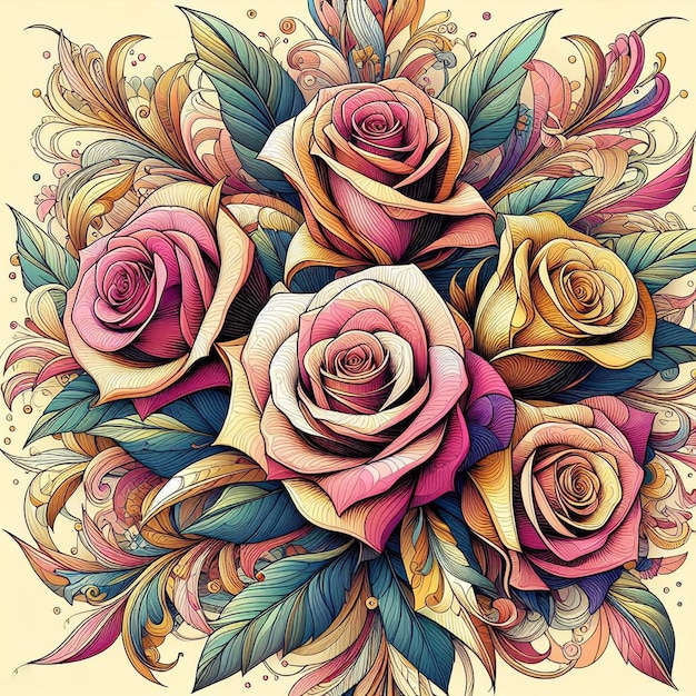PSD ramo hiperrealista de rosas coloridas diseño de ilustración floral fondo transparente aislado