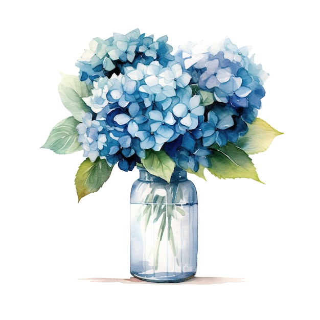 Ramo de hortensia azul en un jarrón de estilo minimalista con fondo aislado de acuarela