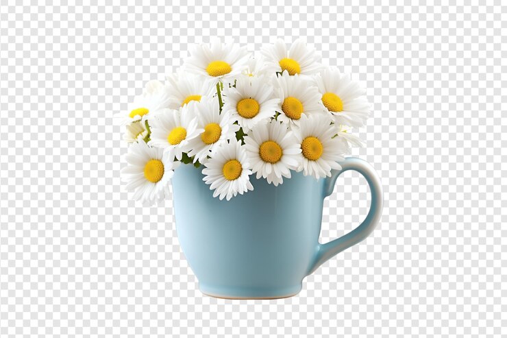 PSD ramo de margaritas en una taza azul aislada sobre un fondo transparente