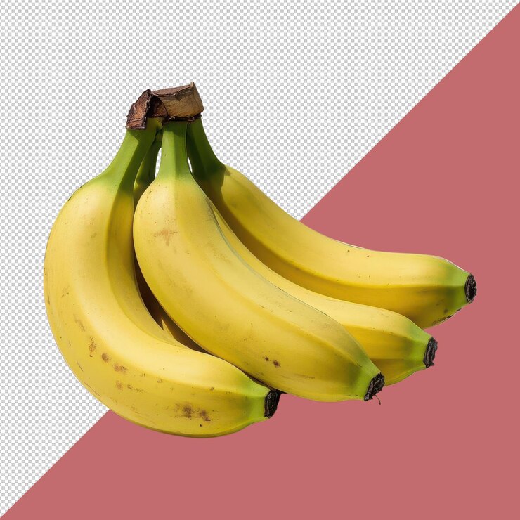 Ramo de plátanos maduros con piel amarilla lisa y sombras naturales aisladas sobre un fondo transparente