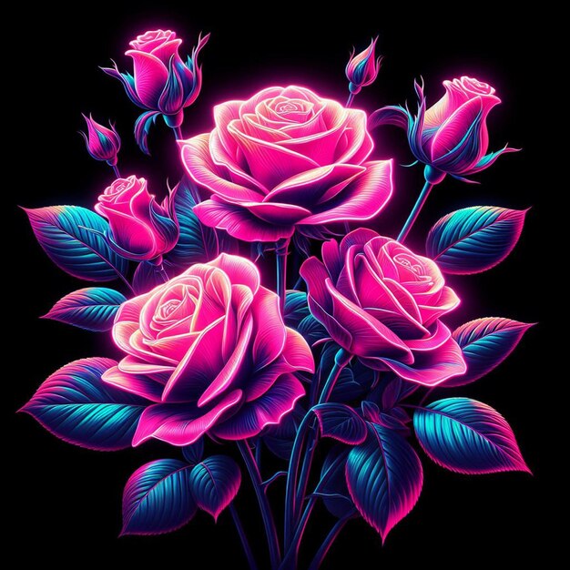 PSD un ramo de rosas amarillas de color cian magenta de color neón hiperrealista con flores de fondo transparente