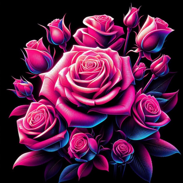 PSD un ramo de rosas amarillas de color cian magenta de color neón hiperrealista con flores de fondo transparente