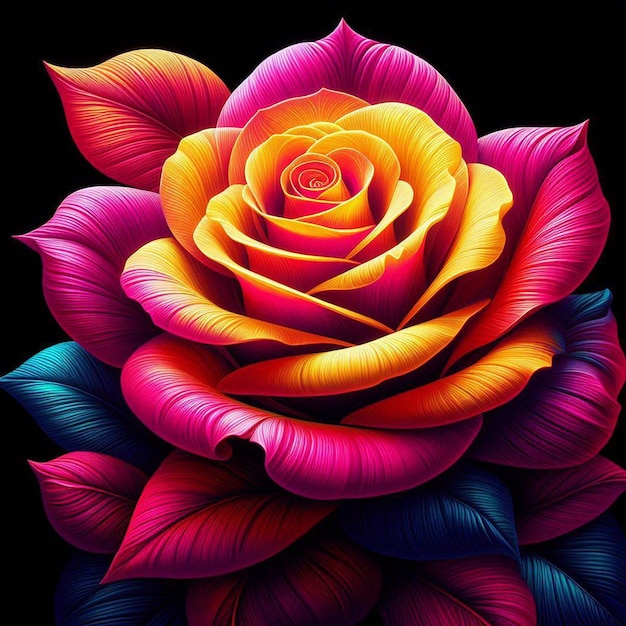 PSD un ramo de rosas amarillas de color cian magenta de color neón hiperrealista con flores de fondo transparente