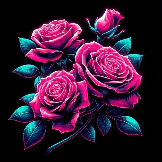 Un ramo de rosas amarillas de color cian magenta de color neón hiperrealista con flores de fondo transparente