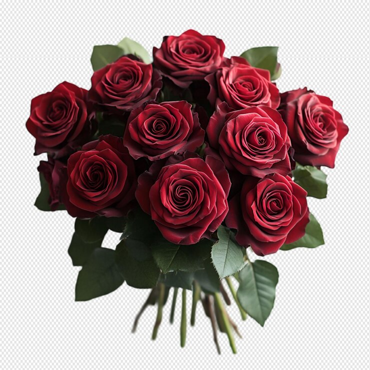 un ramo de rosas rojas con hojas verdes
