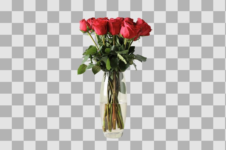 PSD ramo de rosas rojas en un jarrón de vidrio aislado sobre un fondo blanco png