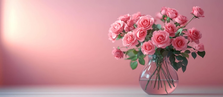 PSD un ramo de rosas rosas en un jarrón de vidrio sobre un fondo rosado